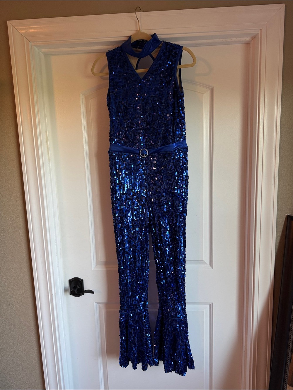 Weissman style 16351 Blue Sequin Jumpsuit with Belt